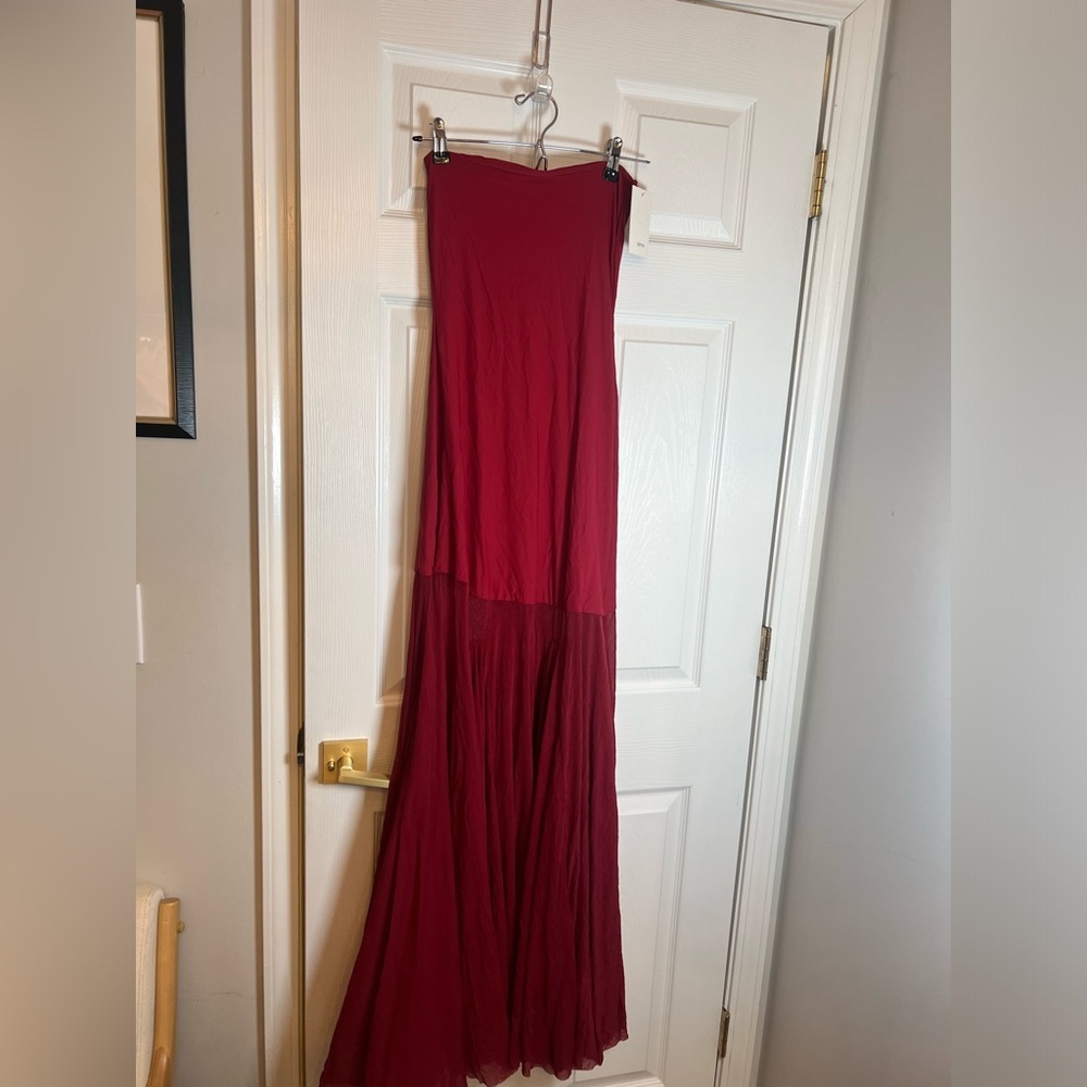 Strapless Red Maxi Dress with Sheer Skirt - Picture 4 of 6